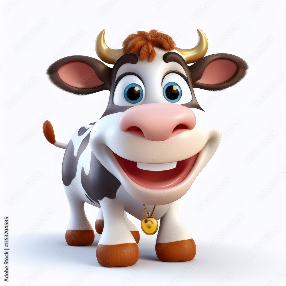 Fototapeta premium Cartoon dairy cow wearing cowbell, rendering against white backdrop, grinning cheerfully