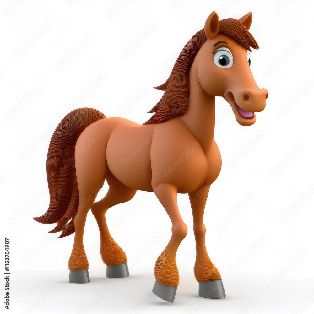 Cheerful cartoon horse galloping with vibrant joy, mane flowing, expressing pure happiness against pristine white background Cheerful cartoon horse galloping with vibrant joy, mane flowing, expressing pure happiness against pristine white background