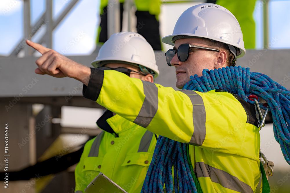 Fototapeta premium Two engineers in safety helmets and high visibility jackets engage in a field inspection. One is pointing while carrying a safety rope, highlighting communication, safety, and teamwork.
