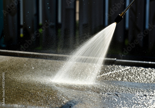 Professional cleaning crew is using a pressure washer, cleaning a dirty outdoor surface photo