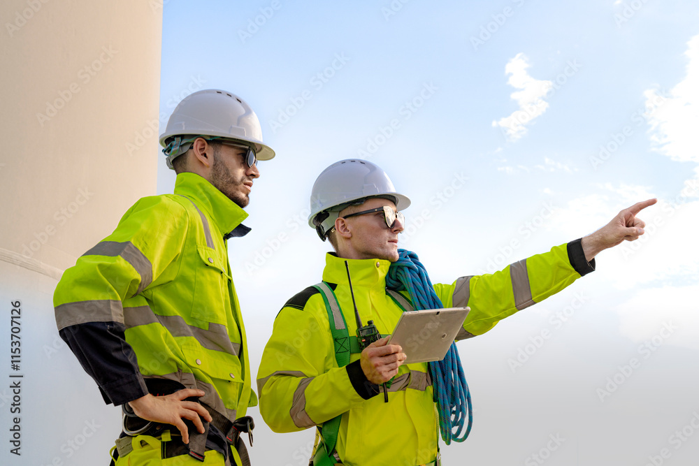 Two engineers in high visibility gear and hard hats observe a wind turbine and communicate via radio at a wind energy site. The image highlights teamwork, safety, and renewable energy production. Two engineers in high visibility gear and hard hats observe a wind turbine and communicate via radio at a wind energy site. The image highlights teamwork, safety, and renewable energy production.