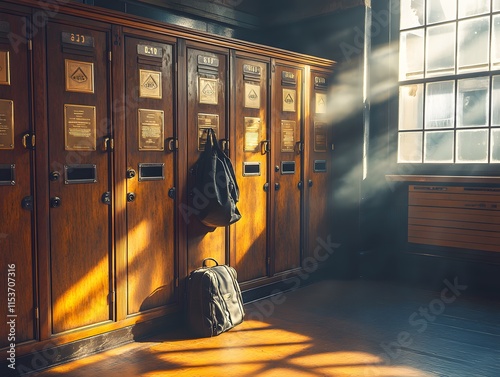 Vintage gym locker room with wooden lockers, brass handles, and name tags. A gym bag rests nearby as soft morning sunlight streams in, evoking nostalgia and warmth—ideal for vintage-inspired branding. photo