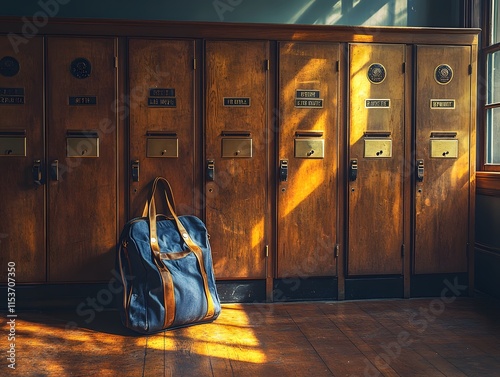 Vintage gym locker room with wooden lockers, brass handles, and name tags. A gym bag rests nearby as soft morning sunlight streams in, evoking nostalgia and warmth—ideal for vintage-inspired branding. photo