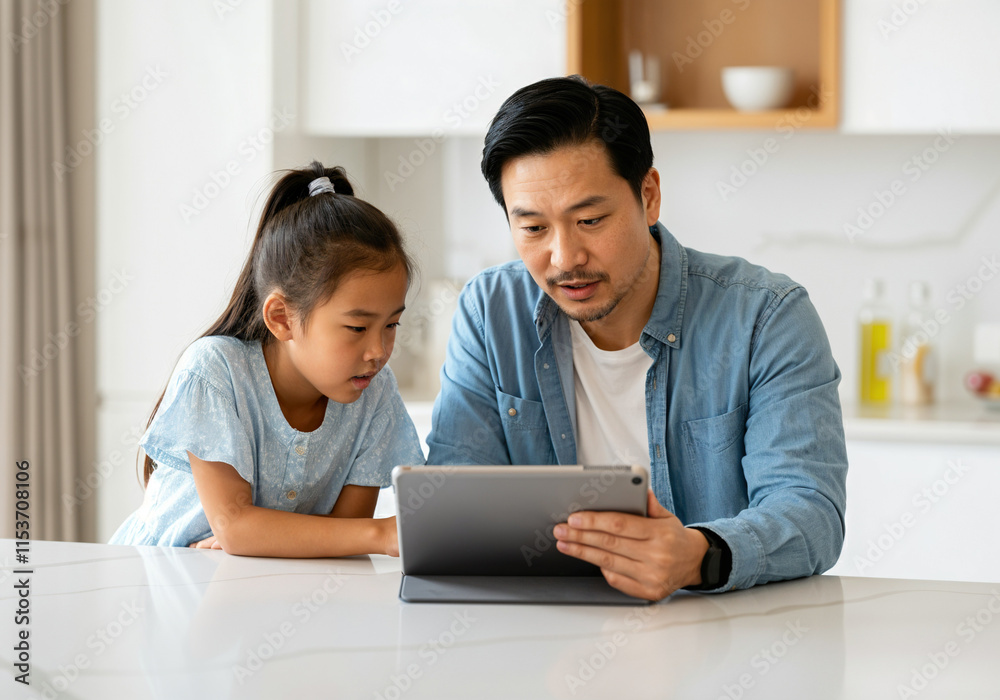 Father showing something on a digital tablet to his young daughter, spending quality time together Father showing something on a digital tablet to his young daughter, spending quality time together