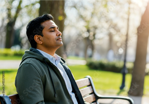 Indian businessman enjoying break in city park, breathing fresh air and resting on bench