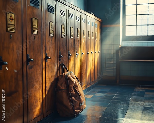 Vintage gym locker room with wooden lockers, brass handles, and name tags. A gym bag rests nearby as soft morning sunlight streams in, evoking nostalgia and warmth—ideal for vintage-inspired branding. photo