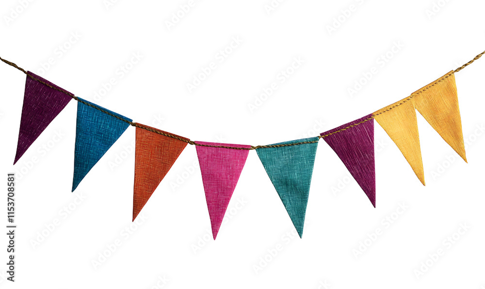 Obraz premium Bright colorful bunting garland. Party flags on rope. Textured fabric. Birthday celebration, wedding anniversary. Holiday Festa Junina decor. Isolated overlay object, banner on background
