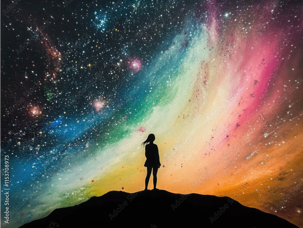 Fototapeta premium Silhouette of a Person Standing on the Horizon, Gazing at a Star-Studded Night Sky with the Milky Way, Surrounded by Complete Darkness.