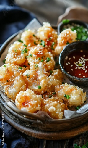 Crispy fried shrimp with sweet chili sauce and sesame seeds.