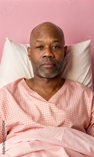 Patient noir chauve atteint d'un cancer, d'âge moyen, allongé dans son lit, montrant une expression paisible, portant une blouse d'hôpital. Portrait en studio d'un survivant du cancer se reposant dans photo