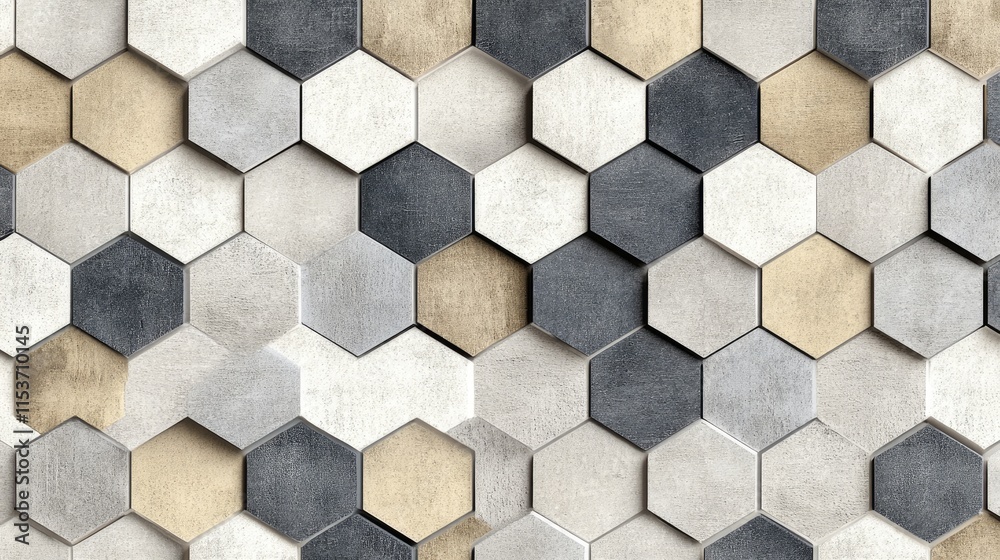 A patterned arrangement of hexagonal tiles in neutral tones for interior design. A patterned arrangement of hexagonal tiles in neutral tones for interior design.