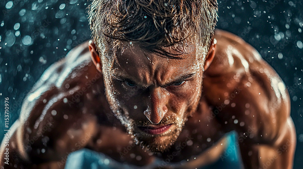 Capture an inspiring moment of a determined athlete pushing their limits during an intense workout, with sweat glistening on their focused face, muscles straining, and determination in their eyes Capture an inspiring moment of a determined athlete pushing their limits during an intense workout, with sweat glistening on their focused face, muscles straining, and determination in their eyes