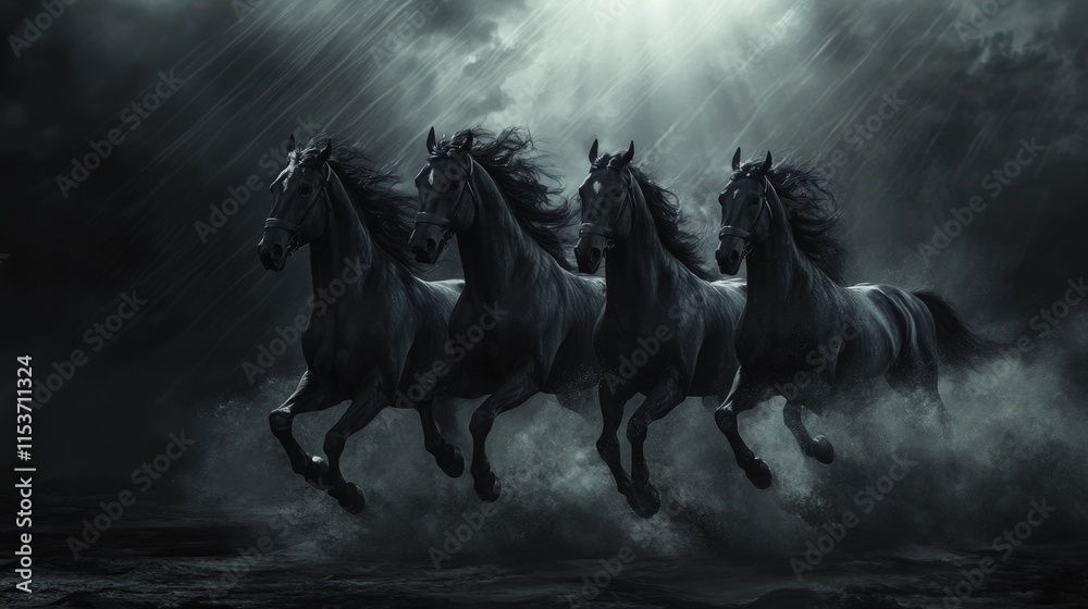 Four Majestic Black Horses Galloping Through a Stormy Landscape with Apocalyptic Vibes Four Majestic Black Horses Galloping Through a Stormy Landscape with Apocalyptic Vibes