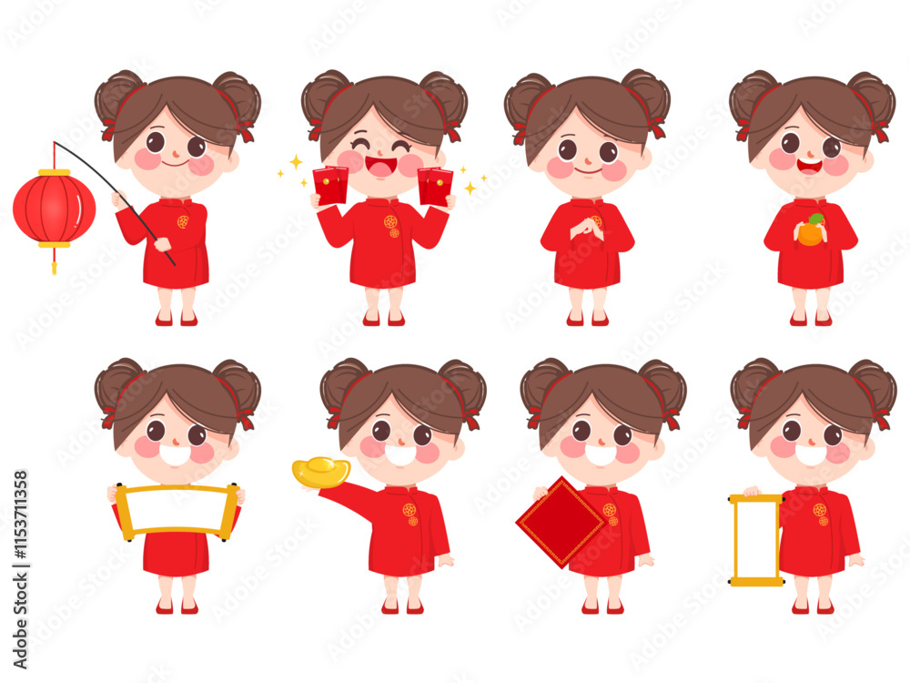 Chinese New Year Celebration with Girls in Traditional Costume, Vector, Illustration vector premium.