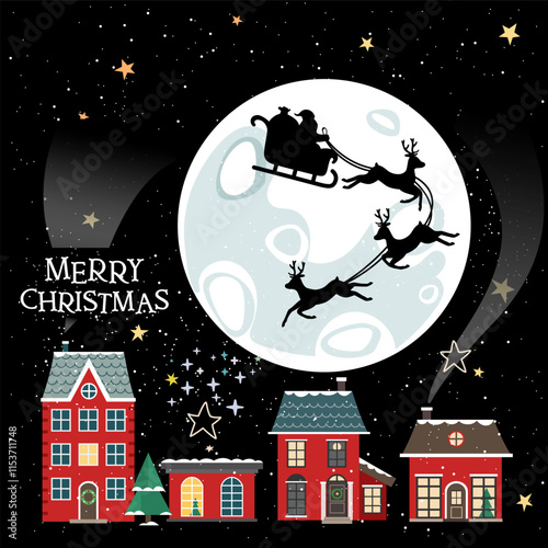 Santa Sleigh Silhouette soaring over an urban skyline at night.