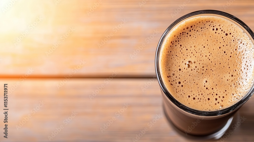 A freshly brewed cup of rich, frothy coffee sits invitingly in a clear glass on a warm, rustic wooden table. The golden sunlight warms the scene, enhancing the drinks inviting aroma and appearance dur A freshly brewed cup of rich, frothy coffee sits invitingly in a clear glass on a warm, rustic wooden table. The golden sunlight warms the scene, enhancing the drinks inviting aroma and appearance dur