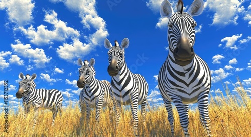 Herd of Zebras Grazing in the African Savanna Under a Bright Blue Sky with Fluffy White Clouds