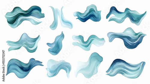 Collection of verdigris and indigo abstract watercolor swashes isolated on a transparent background. Verdigris. Illustration photo