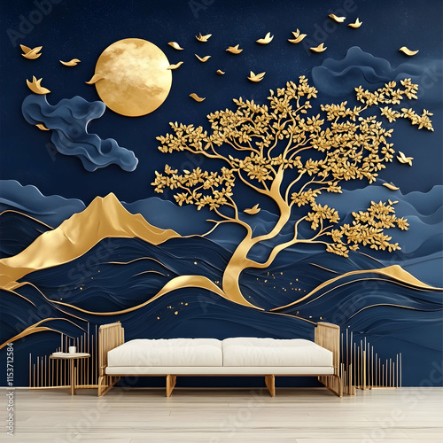 Elegant Gold and Blue 3D Wallpaper Mural: Serene Landscape with Golden Tree and Moon photo