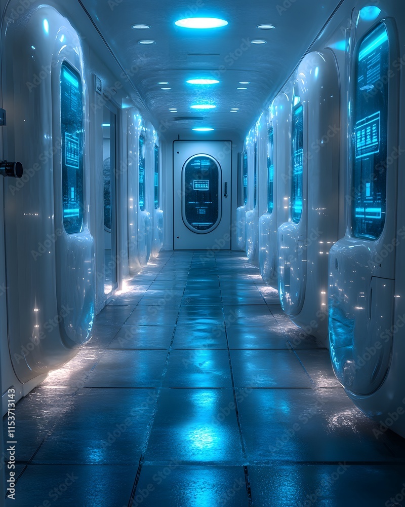 Fototapeta premium Futuristic gym locker with glowing LED panels on each door, set in high-tech gym. Blue and white lighting reflects modern design, creating a sci-fi aesthetic ideal for promoting advanced fitness tech.