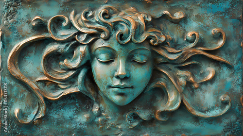 Copper plate with verdigris patina. verdigris. illustration. Verdigris. Illustration photo