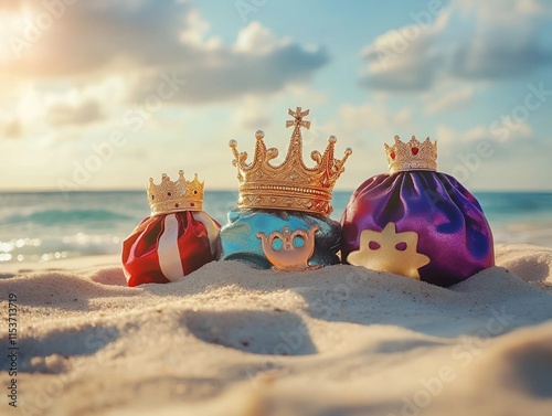 las coronas de los tres reyes magos de oriente con con bolsas de regalos en la playa y el mar photo