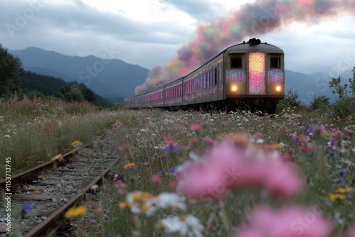 A vibrant train covered in colorful patterns moves along railway tracks surrounded by blooming wildflowers as the sun sets behind distant mountains, creating a picturesque view