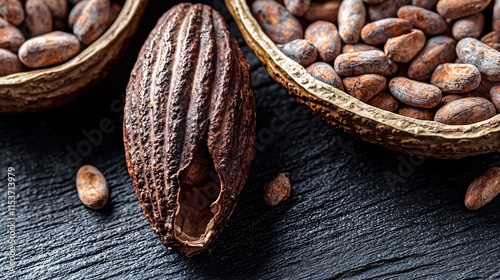 of a cocoa pod with shriveled beans, integrated with an image of temperature rise, highlighting the effect of climate change. | [Cocoa prices are high]:[Production is reduced due to climate  photo