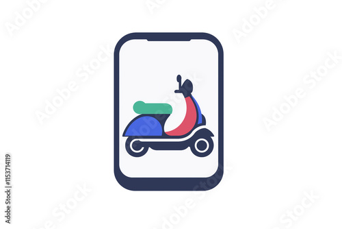 A simple vector logo for an app that depicts delivery on a phone screen with a scooter, in a flat design 