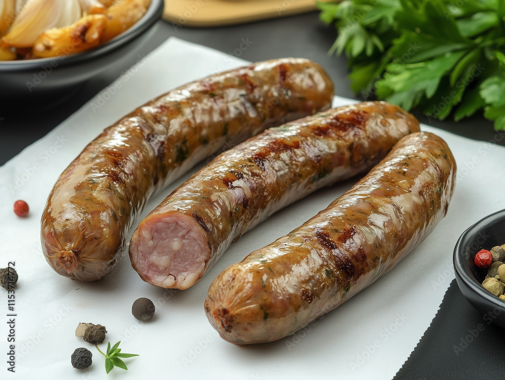 Saucisse grillée sur une assiette blanche entourée de condiments, plat typique de la France ou de l'Europe : saucisse blanche ou andouillette Saucisse grillée sur une assiette blanche entourée de condiments, plat typique de la France ou de l'Europe : saucisse blanche ou andouillette