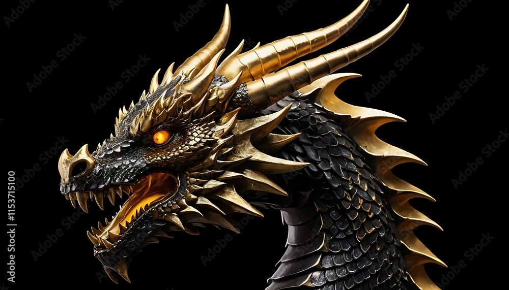 Majestic Golden Dragon Head Black Background Fierce Glowing Eyes 3D Render. Generative AI