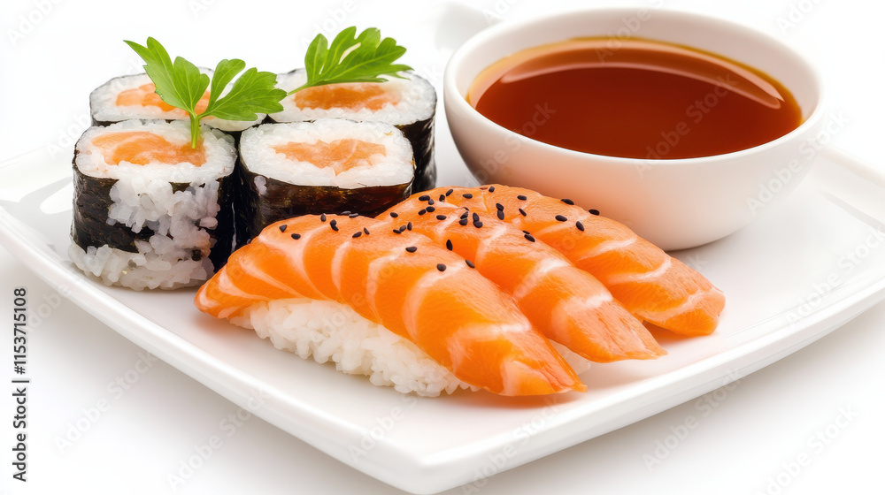 A luxurious display of fusion Asian cuisine on a pure white background, including salmon teriyaki, sushi rolls, miso soup, and tempura shrimp, crafted with exquisite garnishing and vibrant tones, ultr