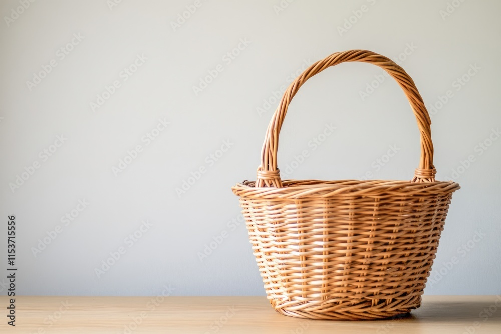 Empty Woven Basket on Soft Neutral Background for Copy Space - Ideal for Picnic or Storage Uses Empty Woven Basket on Soft Neutral Background for Copy Space - Ideal for Picnic or Storage Uses