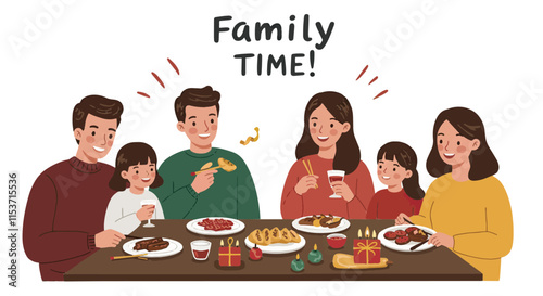 A family enjoying the dinner at the new year night and written family time on white background.