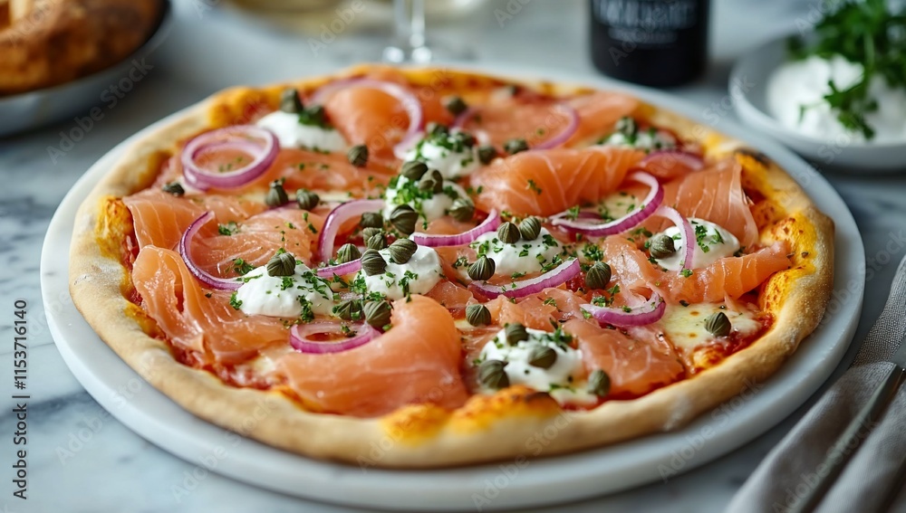 Delicious smoked salmon pizza with red onion, capers, and cream cheese. (1) Delicious smoked salmon pizza with red onion, capers, and cream cheese. (1)