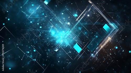 A futuristic abstract composition with glowing geometric shapes and dynamic lighting