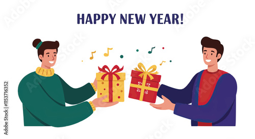 Two people are exchanging gifts for Happy New Year. The vector illustration is on a white background.