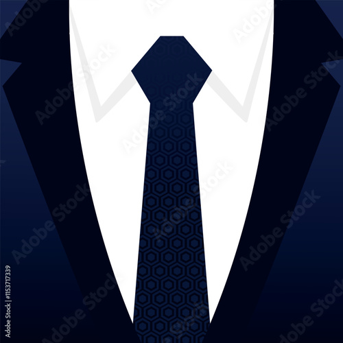 Tuxedo jacket suit with necktie. Gradient blue colored tuxedo and tie with geometric pattern. Ceremonial suit. Vector illustration