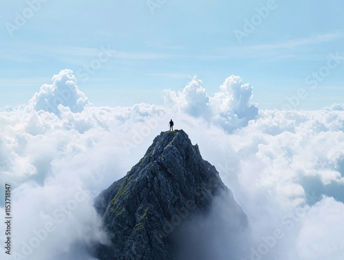 hiker standing on mountain peak surrounded by clouds, enjoying solitude and breathtaking views. scene captures beauty of nature and thrill of adventure