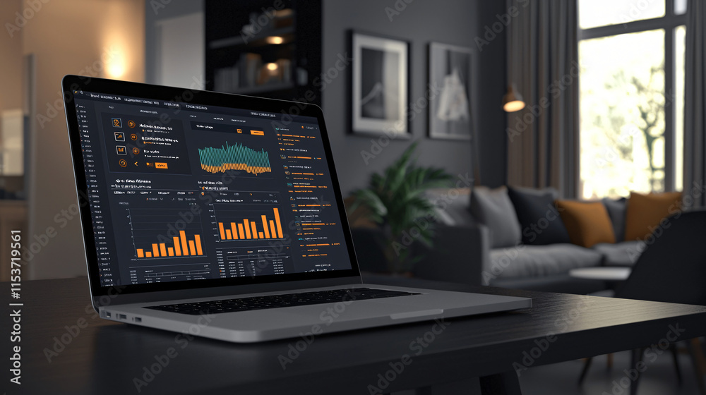 A digital workspace with a laptop displaying financial graphs, data charts. A digital workspace with a laptop displaying financial graphs, data charts.