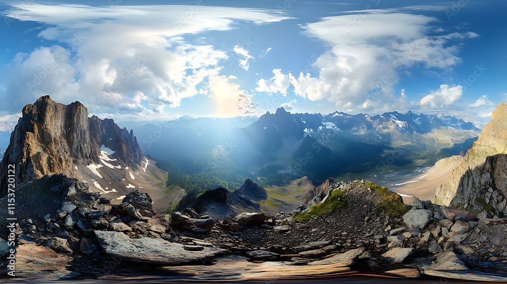 Obraz premium Panoramic view of majestic snow-capped mountains with lush green valleys and a cloudy sky