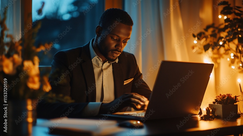 A man in a suit working on a laptop in a cozy, softly lit room. A man in a suit working on a laptop in a cozy, softly lit room.