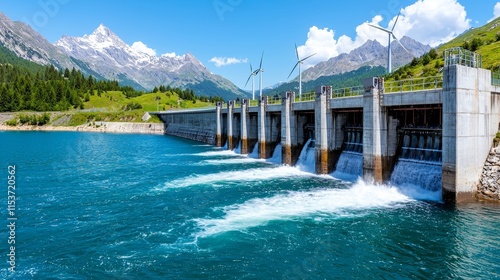 A hydroelectric dam produces electricity with a wind turbine visible in the distance beneath a clear blue sky. photo