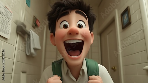 Joyful animated boy in hallway.