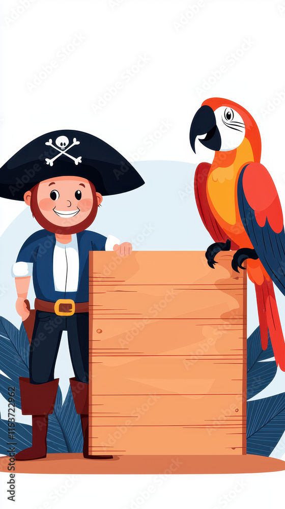 Naklejka premium Pirate cartoon kids story. Cheerful pirate with a parrot beside a wooden signboard.