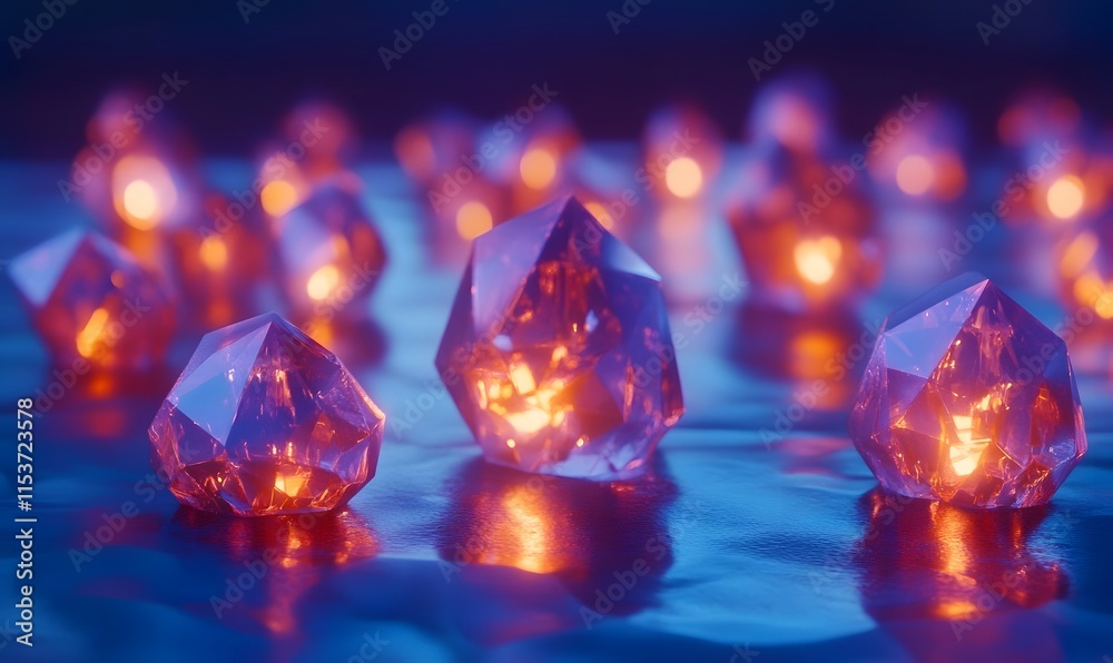 Glowing crystals on reflective surface. Glowing crystals on reflective surface.