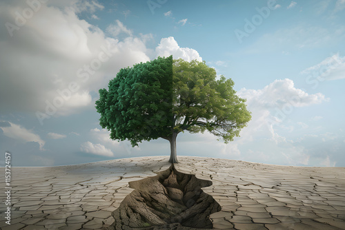 The Tree of Environmental Duality: A Stark Contrast Between Prosperity and Desolation photo