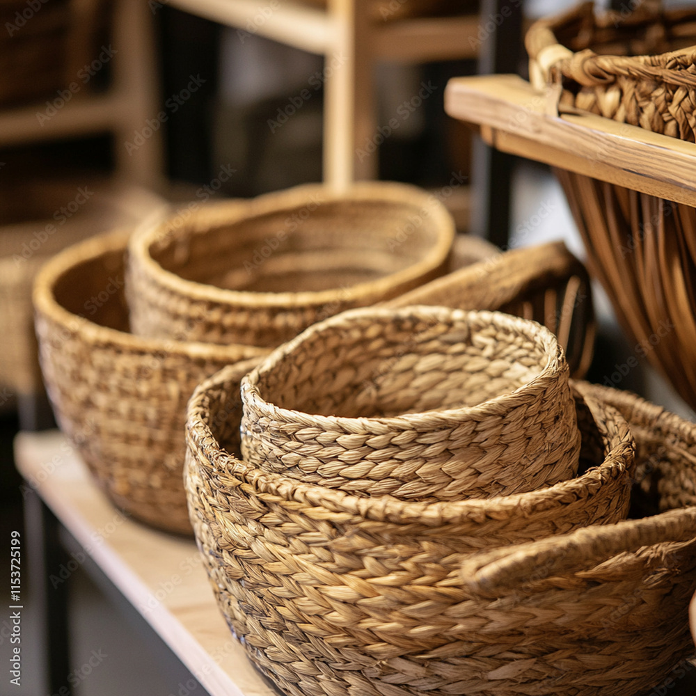 Obraz premium Woven rattan baskets in various sizes displayed on wooden shelf, showcasing natural materials and craftsmanship. Perfect for storage and decoration in any home design