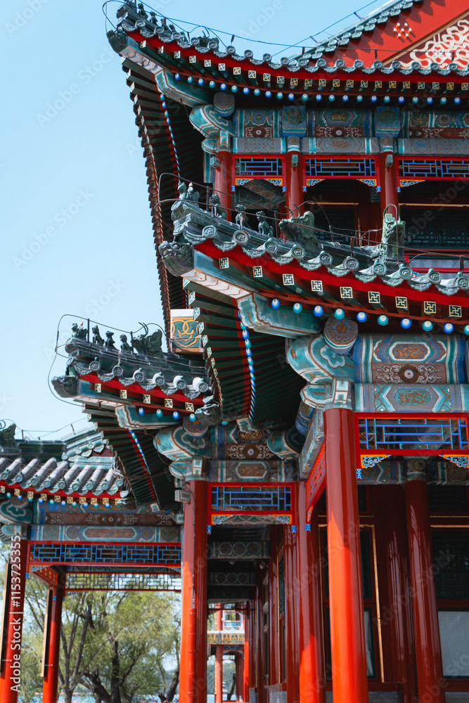 Traditional Chinese architecture with vibrant red pillars and intricate roof details Traditional Chinese architecture with vibrant red pillars and intricate roof details