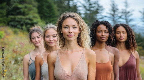 Group of women smiling together in a natural setting photo